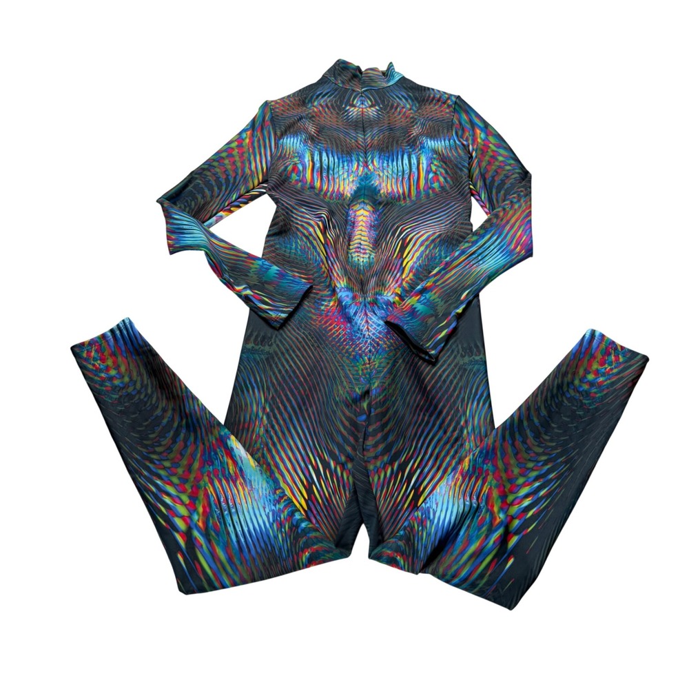 CANDY CATZ Catsuit Multicolor Psychedelic Print Women's Size Medium Festival